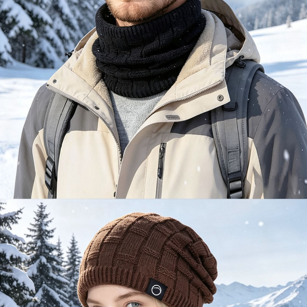 Cycling Commute Essentials - Winter-Outdoor-Strickmütze und Schal-Set, verdickte Fleece-Thermomütze, winddichter